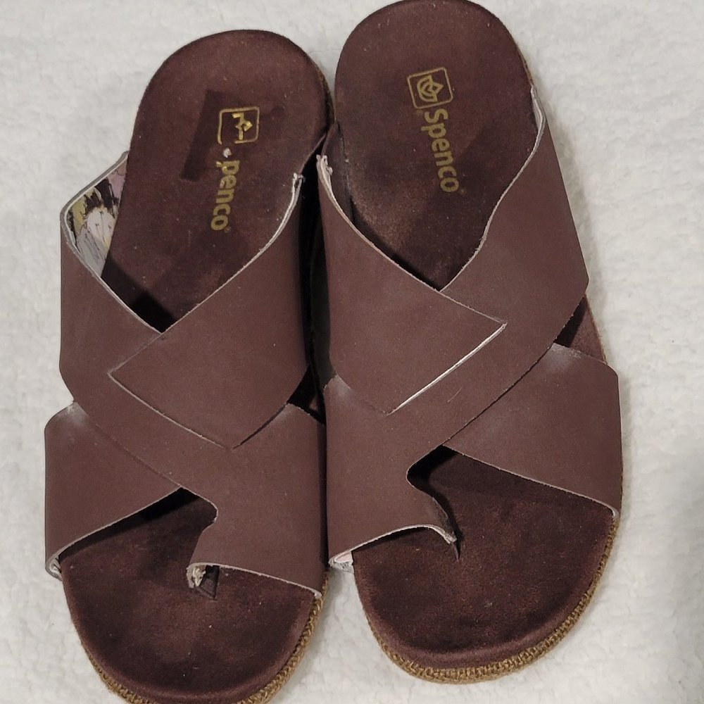 Spenco Oasis Slide Wedge Sandals Brown Leather Thong Slides Size 11